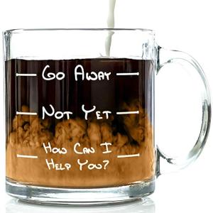 Go Away Funny Glass Coffee Mug 13 Oz - Unique Christmas Gift for Men & Women, Him or Her - Best Office Cup & Birthday Present Idea for Mom, Dad, Husband, Wife, Boyfriend, Girlfriend or Coworkers