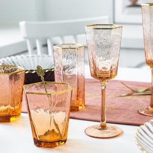 Popular Colored Hammered Glassware Gold Rimmed Cup Different Shapes Goblet Glasses for Party Red Wine Glass Goblets Set