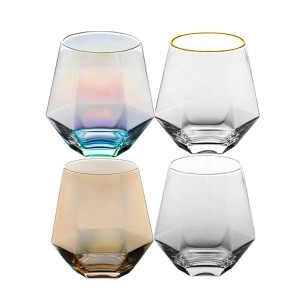 Creative Fancy Diamond Glass Cups with Gold Rim Juice Water Whiskey Glass Custom Color Luster Amber Hexagonal Whisky Glass