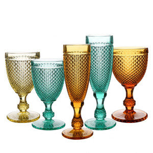 Vintage-Inspired Pattern 250Ml Amber Solid Color Embossed Engraved Vintage Glasses Wine Colored Glass Goblets Color Glass