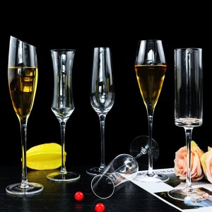 Popular Hot Sale Handmade Clear Transparent Slanted Design Slim Stem Celebrating Victory Champagne Glasses Flutes