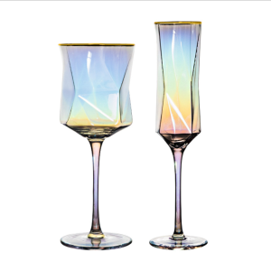 2021 New Design Unique Diamond Shape Geometric Gold Rim Smoke Champagne Glasses Luxury Gold Wine Glasses