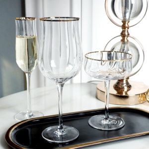 Handmade Tulip Shape Ribbed Goblet Champagne Gold Rim Colored Wine Glasses Set