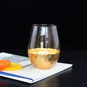 Amazon Top Seller Clear Stemless Wine Glasses Handmade Honeycomb Cutting Gold Foil Egg Cup Stemless Wine Glass Stemless