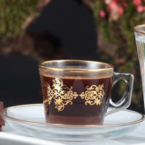 97301 TURKISH COFFEE SET with HANDLE SULTANI GOLD 6 Coffee Cups(80 Ml) + 6 Saucers