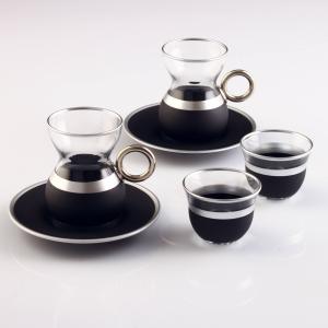 18 Pc Tea Set (6 Tea Cups + 6 Coffee Cups + 6 Saucers) - Decor: Serra, Color: Silver