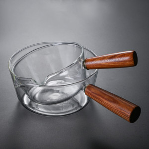 Wholesale 400ML 600ML Household Borosilicate Glass Milk Pot with Wooden Handle