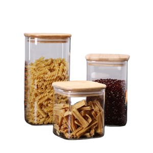 Custom Square Glass Storage Jar Borosilicate Glass Spice Jar with Wooden Lid
