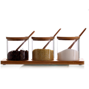 Kitchen Three-piece Seasoning Jar Glass Spice Storage Jar with Wooden Spoon
