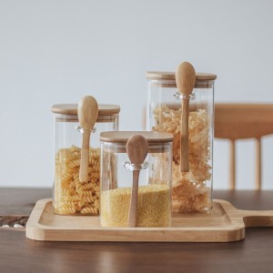 High Borosilicate Square Cereal Container Glass Jar Canister with Bamboo Lid Clear Food Storage Container with Spoon
