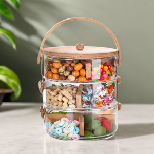 2024 3 Tier Stackable 1L 1.3L 1.5L Glass Food Storage Jars with Wooden Handle and Lid for Candy and Cookie