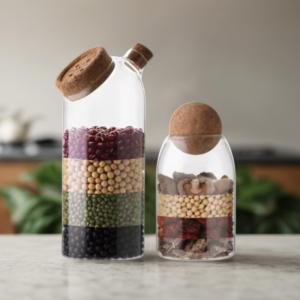 2024 Best Selling Clear Borosilicate Kitchen Food Glass Jar Set with Wood Cork Ball Stopper Lid Storage Bottles Jars